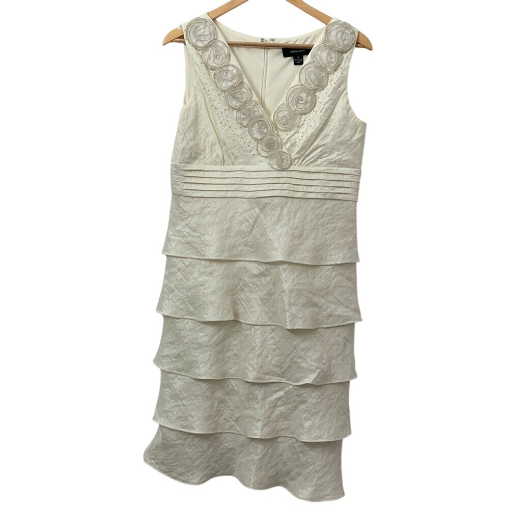 R&M Richards Ivory Tiered Rosette V-Neck Cocktail Dress Size 10 Wedding Party
